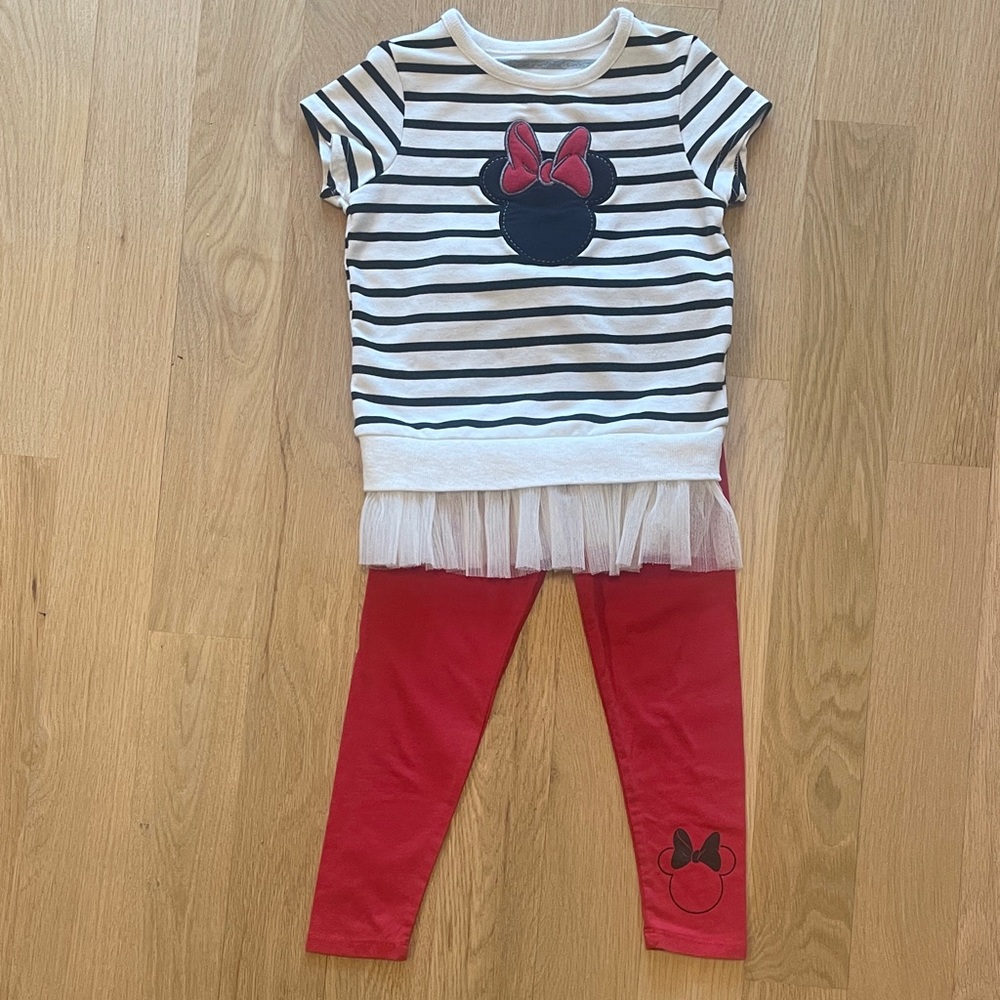 Disney Black and White Striped Minnie Mouse Set with Red Leggings